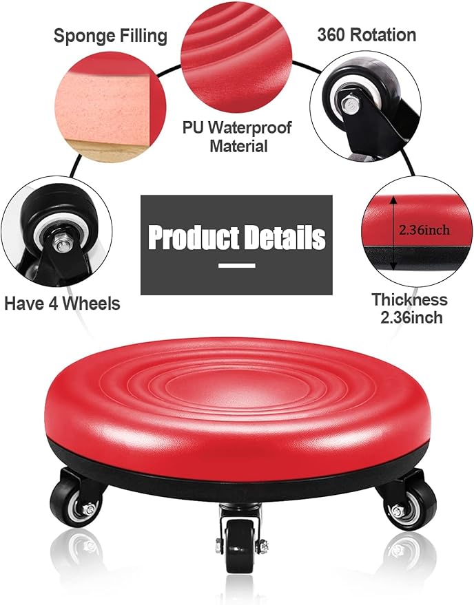 Lanstics Low Rolling Stool with Wheels PU Leather Roller Seat Wheel Stool Chair Round Rolling Seat Stool with Universal Wheels for Home Office Fitness (Red)
