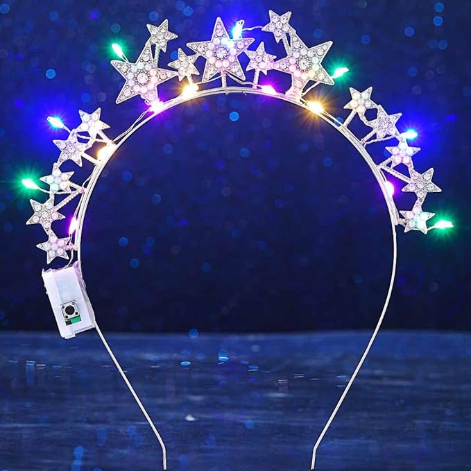 DRESBE Light Up Star Headband New Year LED Rhinestone Headbands Glow NYE Party Hair Accessories for Women (Silver)