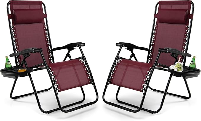Tangkula Zero Gravity Chair, Folding Patio Lounge Chair Adjustable Outdoor Recliner with Cup Holder, Wide Armrest for Patio Garden Poolside Outdoor Yard Beach, Support 350 lbs (2, Wine)