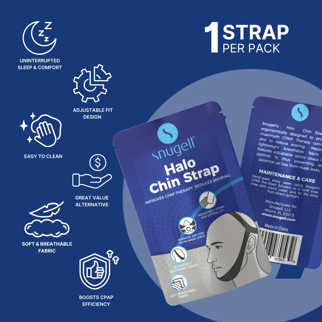 Snugell Premium Chin Strap for CPAP Users – Adjustable and Comfortable Halo Design Chin Straps for Sleeping – to Keep Mouth Closed During Sleep – Improves CPAP Therapy – Anti Snoring Straps