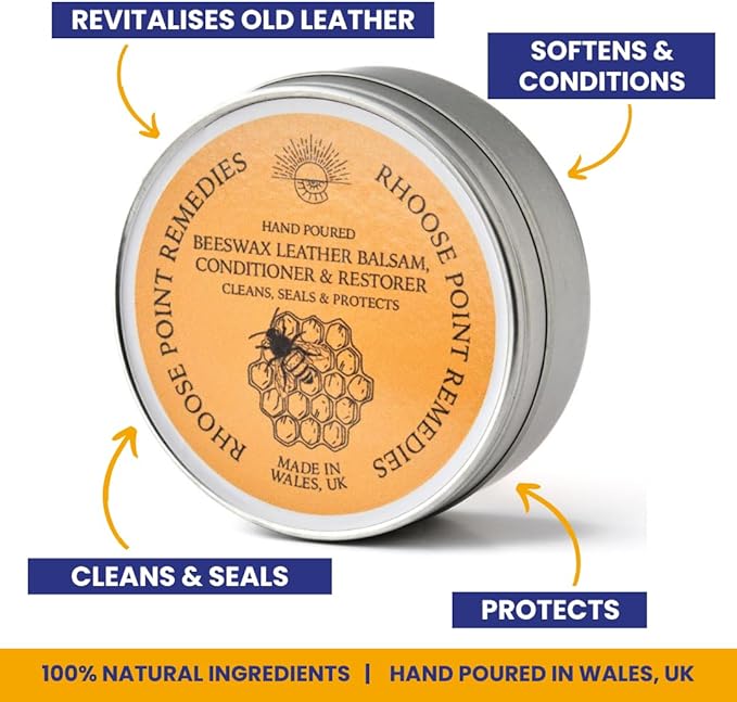 Beeswax Leather Conditioner Restorer & Polish - Hand Poured British Beeswax Balsam CLEANS SEALS and PROTECTS Handcrafted in Wales UK Rich Natural Leather Conditioner and Leather Restorer 3.50 Fl Oz