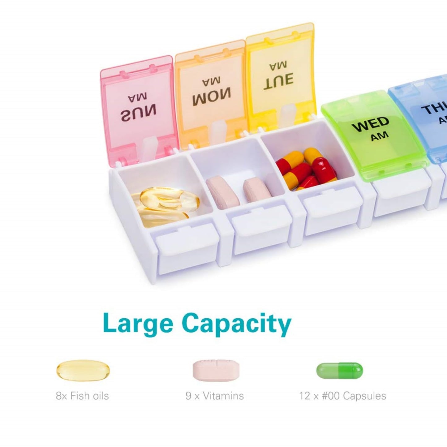Sukuos AM PM Weekly Pill Organizer 2 Times A Day 2pcs, 7 Day Pill Box with Easy Push Button, BPA Free Medicine Case Vitamin Holder for Fish Oil/Supplements (Rainbow)
