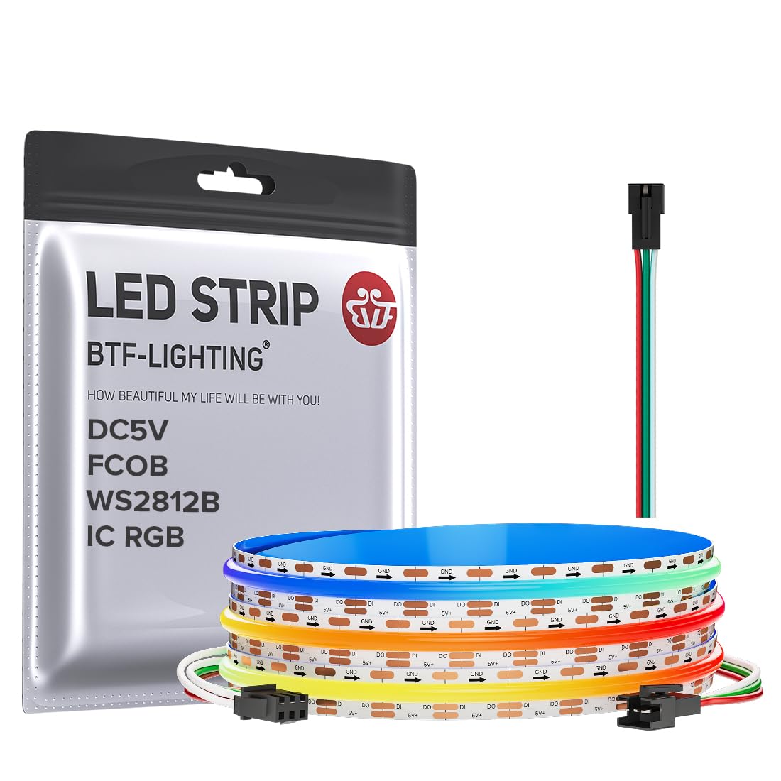 BTF-LIGHTING FCOB COB WS2812B IC RGB LED Strip DC5V 6.5FT Individual Addressable 160Pixel/m 320LEDs 320IC Dream Color IP30 Non-Waterproof High Density Light 0.39in Width(No Adapter or Controller)