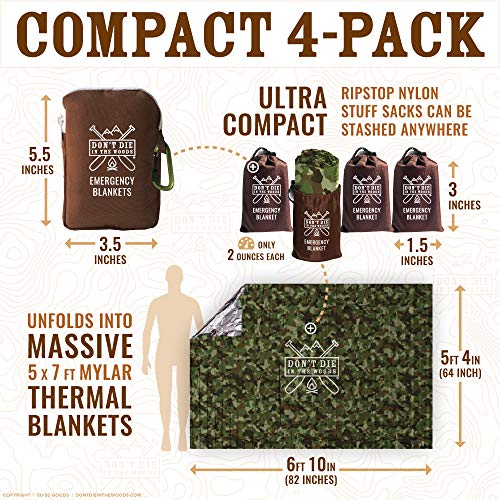 Don't Die In The Woods - Freakin’ Huge Emergency Blankets [4-Pack] Extra Large Thermal Mylar Space Blanket - One of The Te...