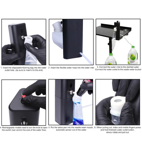 Tattoo Needle Washer for Professional Tattoo Artists | Rechargeable Cordless Design | Flowing Water Cleaning for Cartridge Needles | Portable for Studio & On-Site Work, Efficient Battery(BLACK)