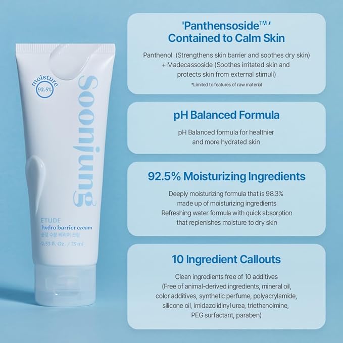ETUDE SoonJung Hydro Barrier Cream | 92.5% Moisturizing Ingredients, Gel Formula for Soothing, pH Balanced Moisturizer for Hydrating, Panthenol, Madecassoside, Non-comedogenic, 2.53 Fl Oz (Tube Type)