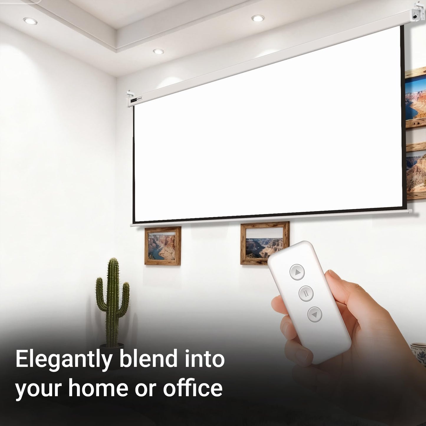 Anti-Curling Motorized Projector Screen for Non-UST by SilverMagic and Modern Design Indoor/Outdoor White Screen with White housing for Home Theater/Living Room/Patio/Office/Classroom 120 inch 16:9
