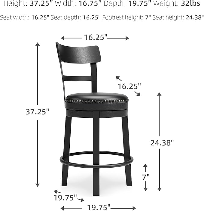 Signature Design by Ashley Valebeck Faux Leather Upholstered Swivel Barstool, Nailhead Trim, Solid Wood, 16.75" W x 19.75" D x 37.25" H, Antique Black