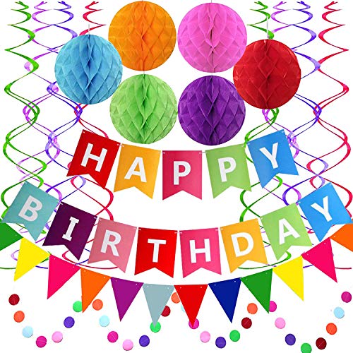 Fecedy Happy Birthday Banner With Colorful Paper Flag Bunting Paper Circle Confetti Garland Swirl Streamers Honeycomb ball...