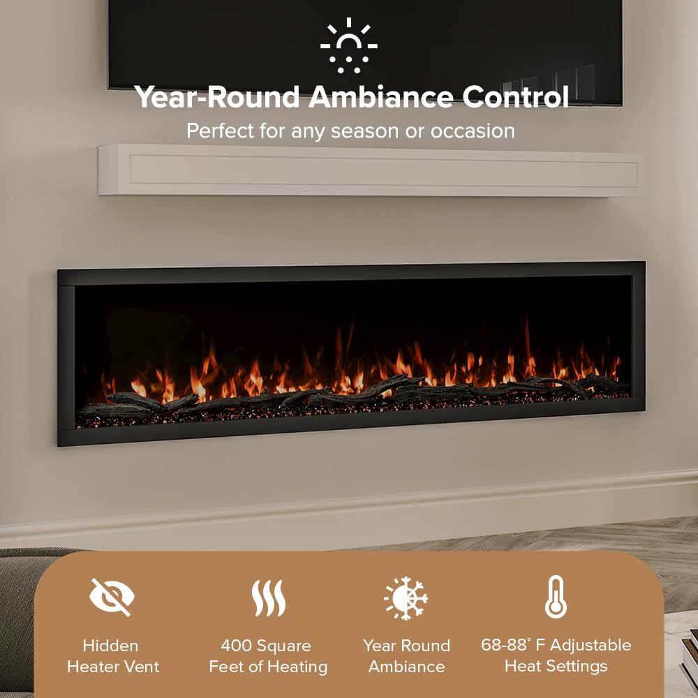 Modern Ember Highmark 72 Inch Smart Linear Electric Fireplace - Premium Flame with 10 Colors, Sleek Hidden Vent Design, Install Recessed in-Wall or Wall-Mount, WiFi Enabled.