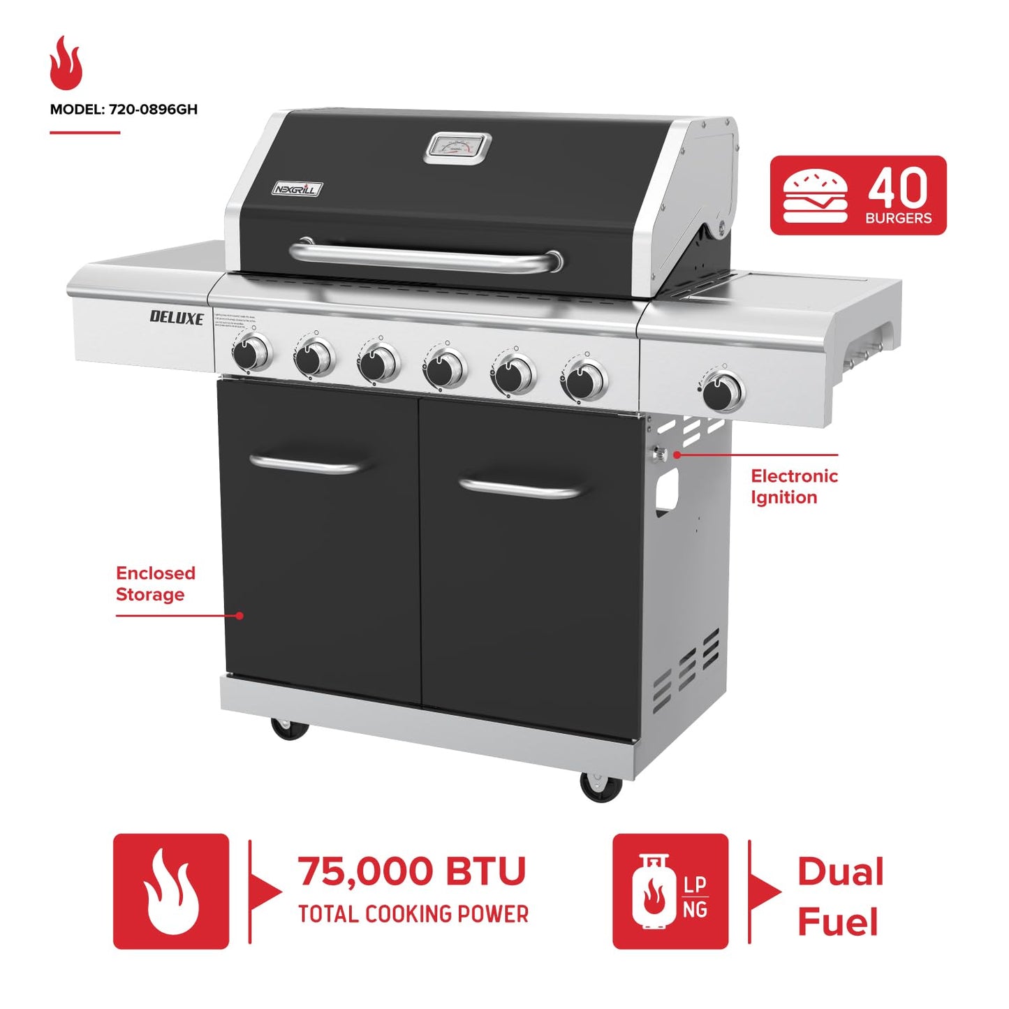 Nexgrill Deluxe 6-Burner Natural Gas Grill with Searing Side Burner and Griddle Insert, Stainless Steel Frame, 60,000 BTUs Output, BBQ Grill for Outdoor Gatherings - 730-0896GH