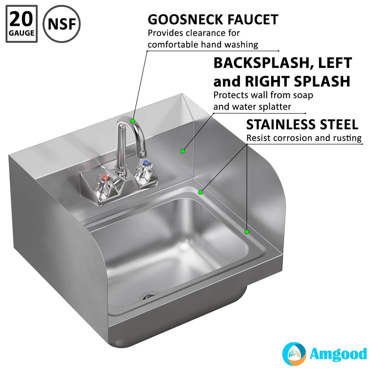 AmGood Stainless Steel Wall Mount Hand Sink | NSF | Commercial Hand Washing Basin For Restaurant, Kitchen and Home (17" x 15" with Sidesplash)