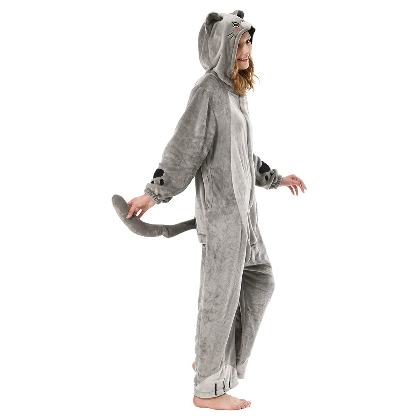 OLAOLA Adult British Shorthair Cat Onesie Animal Pajamas Flannel Homewear Sleepwear Halloween Cosplay Jumpsuit for Women Men