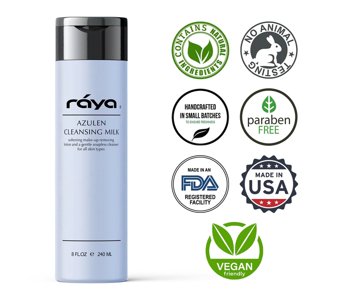 Raya Azulen Facial Cleansing Milk 8 oz (150) | Calming and Refining, Soap-Free Fluid Cleanser and Make-Up Removing Lotion | Made