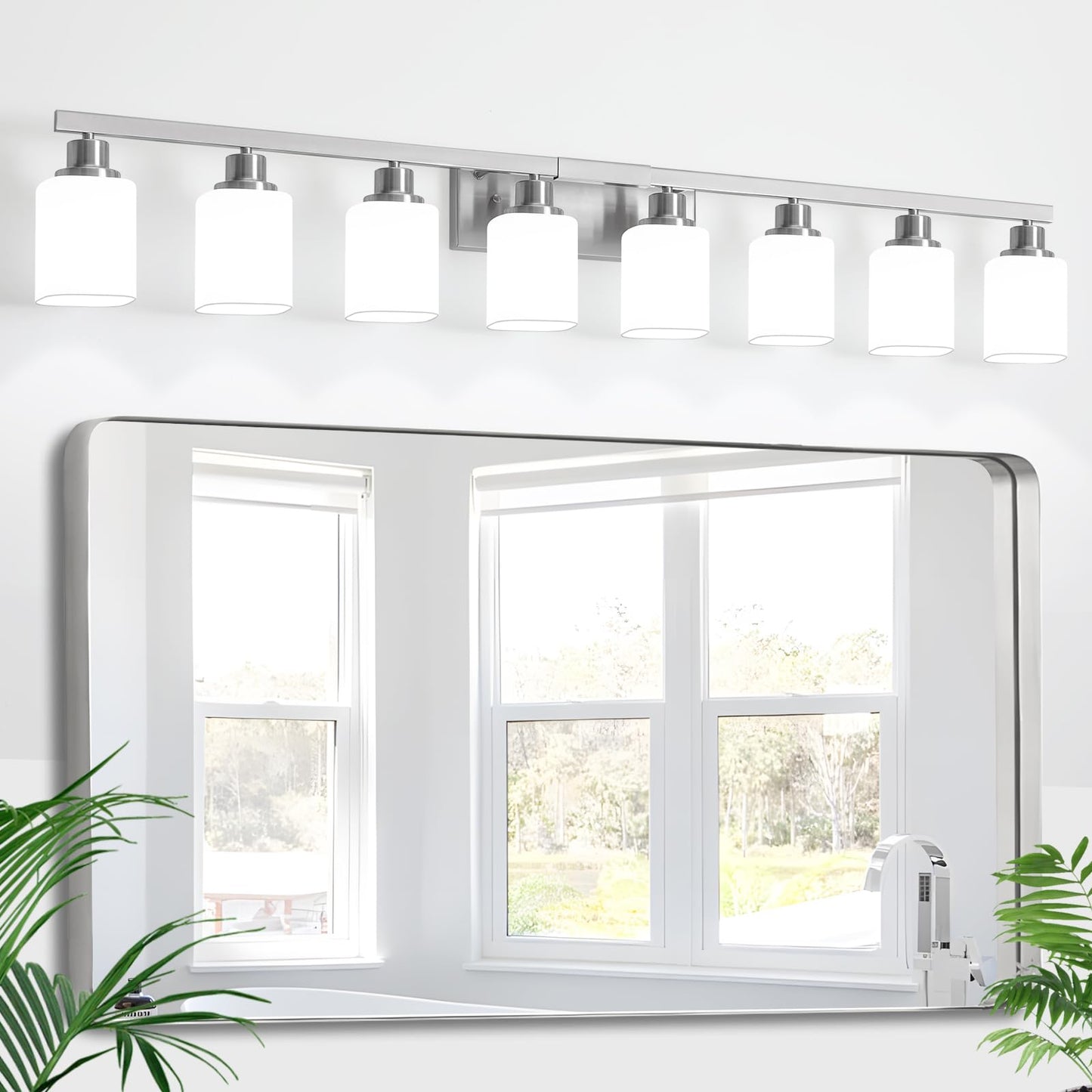 DIKAIDA 8-Light Bathroom Vanity Light,Brushed Nickel Vanity Lights with Square Frosted Glass,Modern Wall Lights Fixtures Over Mirror,Wall Sconces Lighting for Bedroom Living Room,E26