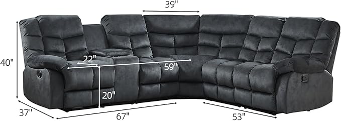 EBELLO Manual Reclining Sectional Sofa Set for Living Room, Soft Fabric Recliner Corner Sectional Couch with Center Console, Cup Holder and Storage, Grey