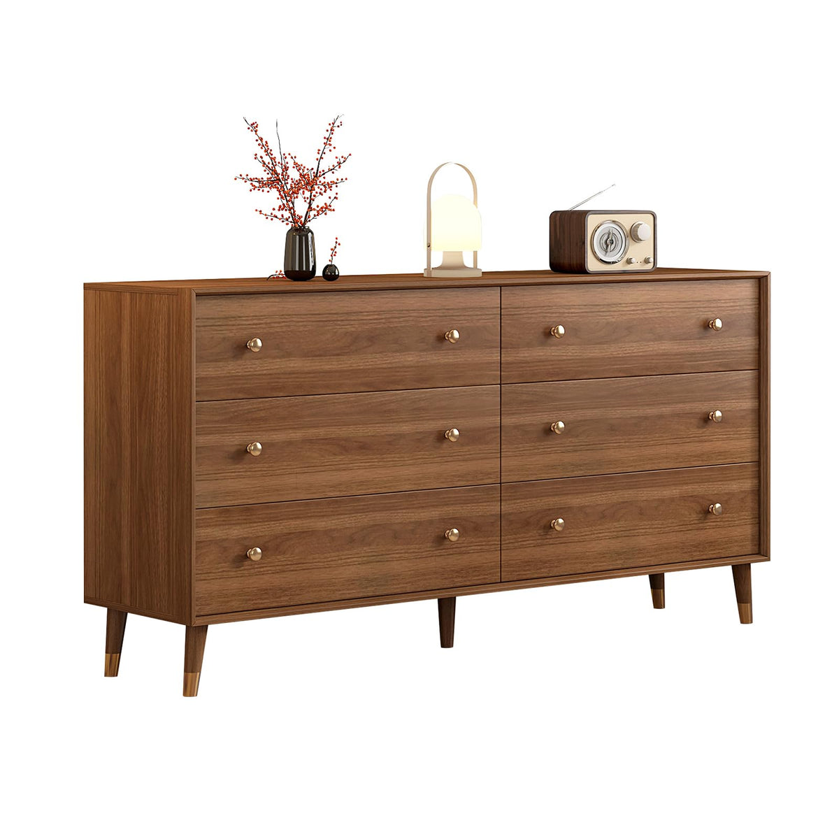 Messenya Mid Century Modern 6-Drawer Dresser, 55 Inch Wide Solid Wood Frame Chest, Walnut Finish, Beveled Design, Heavy-Duty Drawer Glides, Storage Cabinet for Bedroom, Living Room, TV Stand