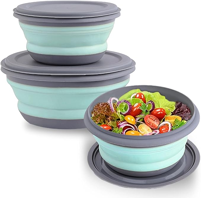 Huntoshon Collapsible Bowls, 3pcs Food Grade Silicone Camping Bowl Salad Bowl with lids, Portable Expandable Lunch Box Foo...