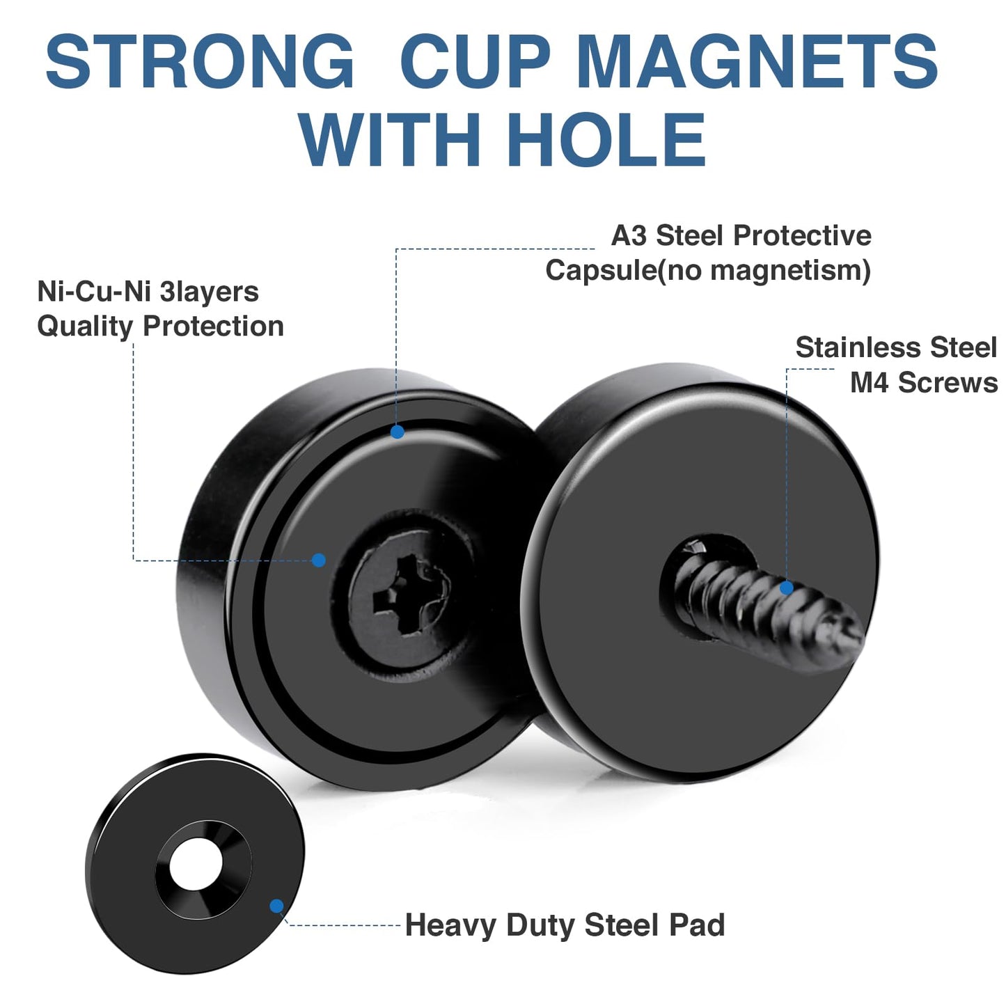 MIKEDE Magnets, 40lbs Strong Magnet with Holes, Black Industrial Rare Earth Neodymium Magnet Heavy Duty Round Cup with Countersunk Hole with Screws for Wall Mounting - 12 Pack