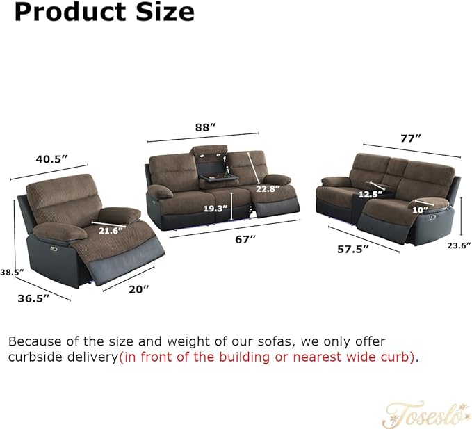 Toseslo Fabric Recliner Sofa, Living Room Furniture Sets, Reclining 3 Seats Sofa with Drop-Down Table, Power Recliner Couches with Cup Holders/Storage Console for House, Brown Grey