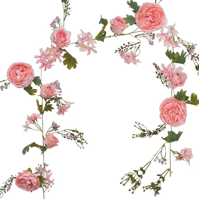 Peony Flower Garland, 6Ft Artificial Silk Pink Rose Flower Vine, Floral Arch Vine for Wedding Table Runner Mantle Decoration Home Decor (Peony-Pink)