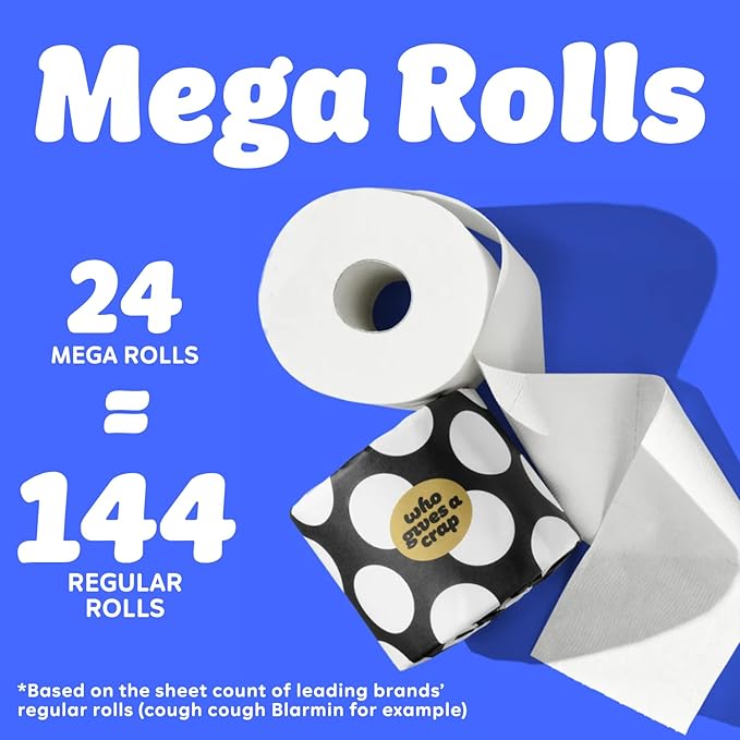 Who Gives A Crap 100% Bamboo Toilet Paper, 24 Rolls, 3 Ply, 330 Sheets, Long, Strong & Soft Toilet Tissue, Renewable, Tree Free Bathroom Tissue Made with Bamboo Fibers