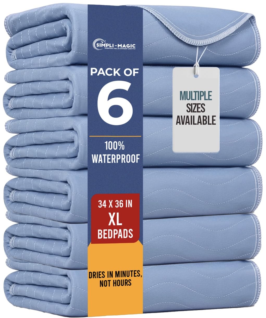 Simpli-Magic Washable Underpads, 34"x36" (Pack of 6) - Heavy Absorbency Reusable Bedwetting Incontinence Pads for Kids,Adults,Elderly,and Pets - Waterproof Protective Pad for Bed,Couch,Sofa,Floor