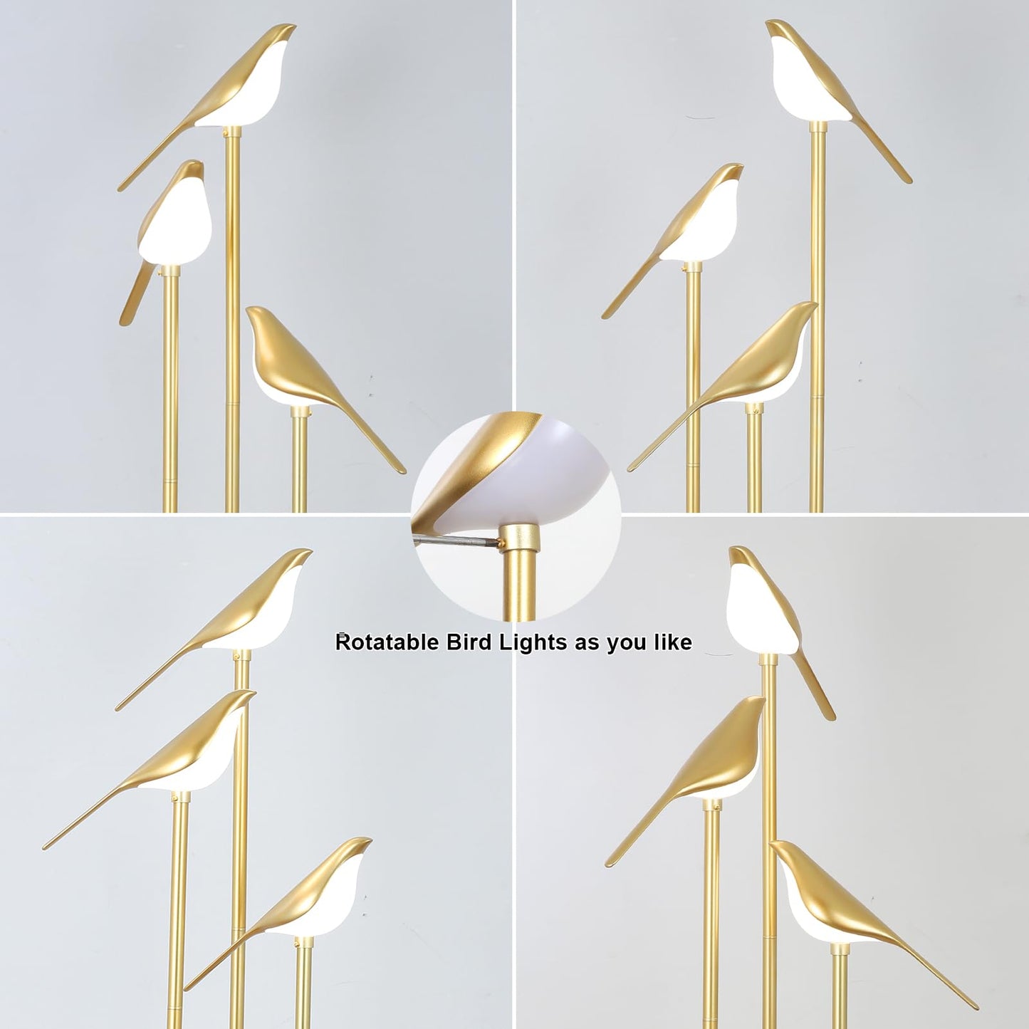 Gold Floor Lamp for Living Room With Shelves - Modern Mid Century Standing Light With 3 Adjustable LED Bird Lights, Corner Tall Lamp With Table, Brass Stand for Bedroom Kids Room