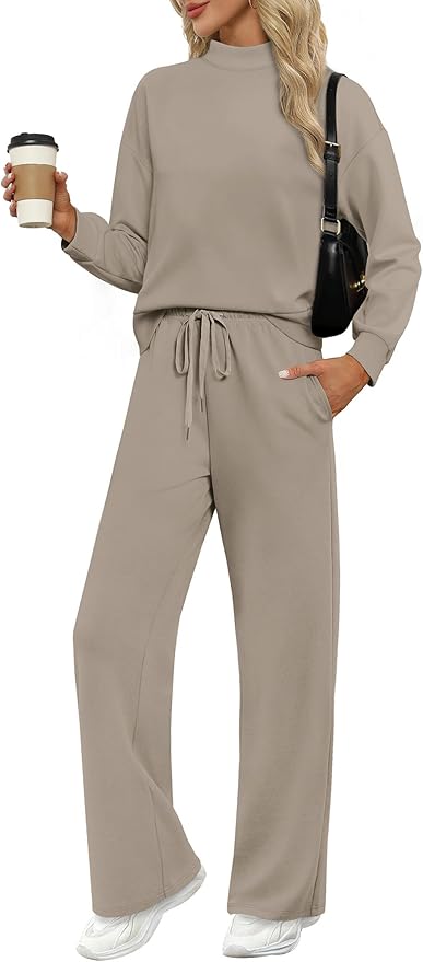 WIHOLL Two Piece Sets for Women Fall Outfits Lounge Sets Mock Neck Tops Wide Leg Pants Vacation Travel Airport Outfits