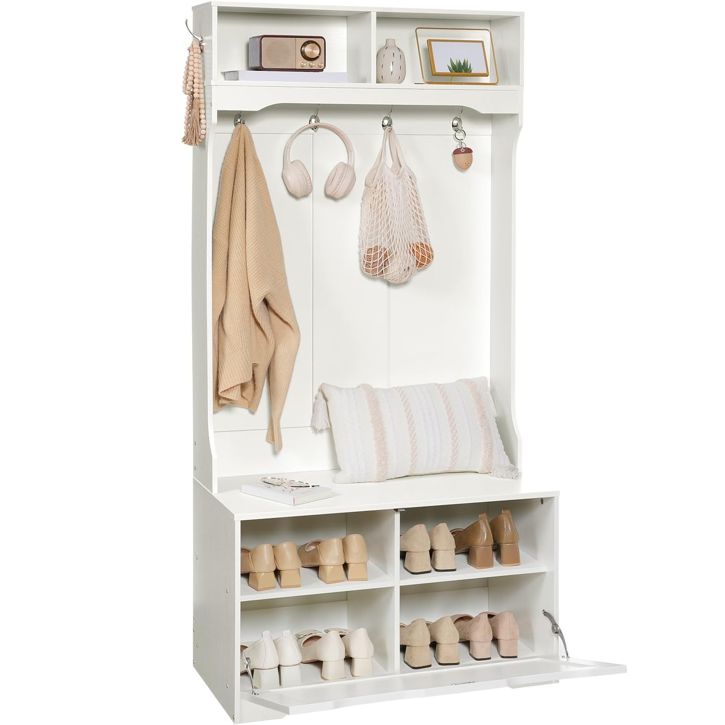HOOBRO Hall Tree with Bench and Shoe Storage, Entryway Bench with Coat Rack and Shoe Cabinet, Flip-Down Cabinet Door, Coat Rack with Shoe Rack, for Mud Room, White WT84MT01