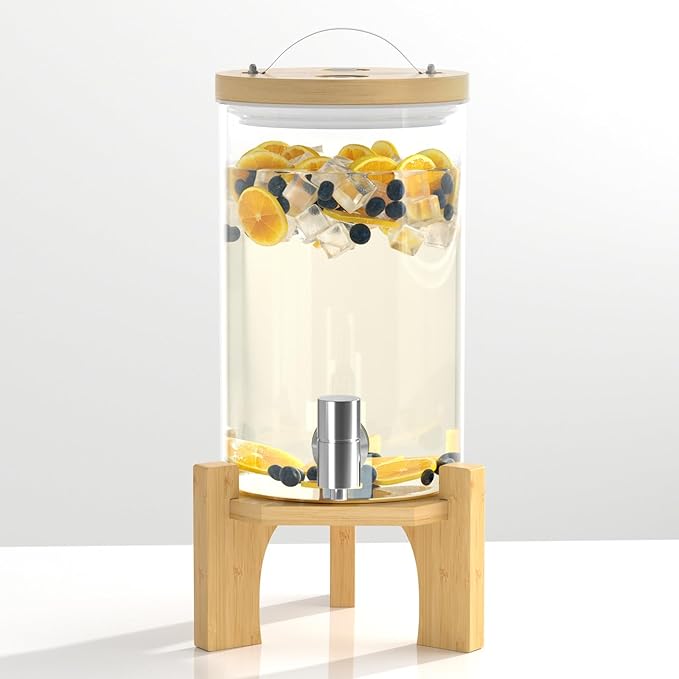VOVUVK 1.2 Gallon Glass Drink Dispenser For Parties, Beverage Dispenser With Bamboo Wood Stand And Stainless Steel Spigot,...