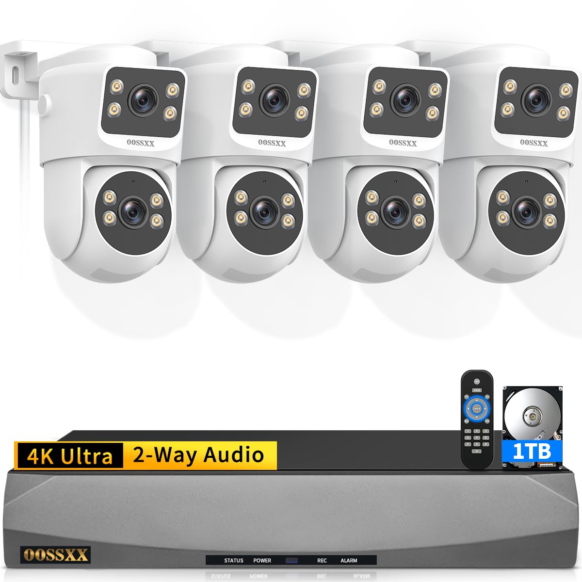 OOSSXX (2026 New) 4K PoE Security Camera System, 8CH NVR with 1TB HDD and 4 Dual Lens Cameras, Fixed + PTZ Auto Tracking, AI Human Detection, 2-Way Audio, No Monthly Fee