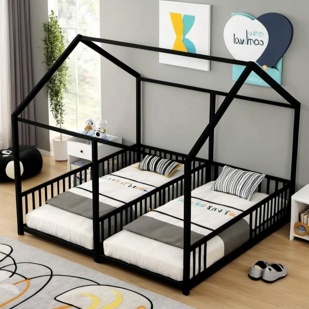 PVWIIK Double Montessori Floor Bed with Fence & Roof for Two Kids Teens Boys Girls,Twin Floor Bed,Easy Assemble,No Box Spring Needed, Black