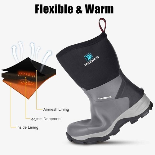 Trudave Rubber Rain Boots for Women, Neoprene Insulated Mud Work Boots, Anti-slip Breathable Mid-calf Womens Waterproof Boots for Garden, Water Fishing, Black, Size 9