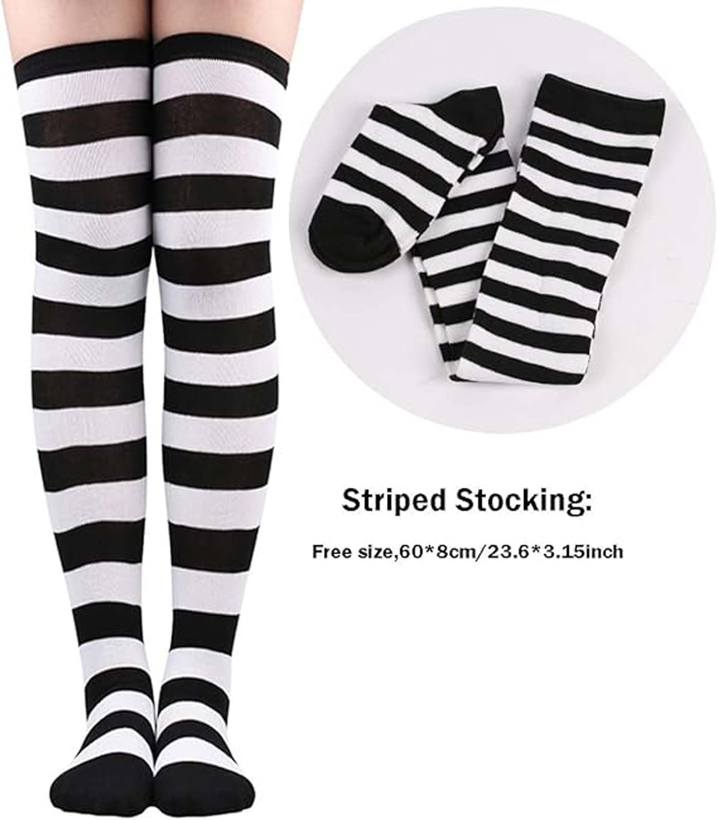 JUANSI Adult Halloweent Robber Costume Set Black and White Striped Tee Shirt Canvas Bag Gloves Eye Patch and Beanie Cap (Female, XXL)