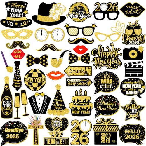42Pcs New Years Eve Photo Booth Props 2026 New Year Photo Booth Props 2026 Nye for Happy New Year 2026 Party Decorations