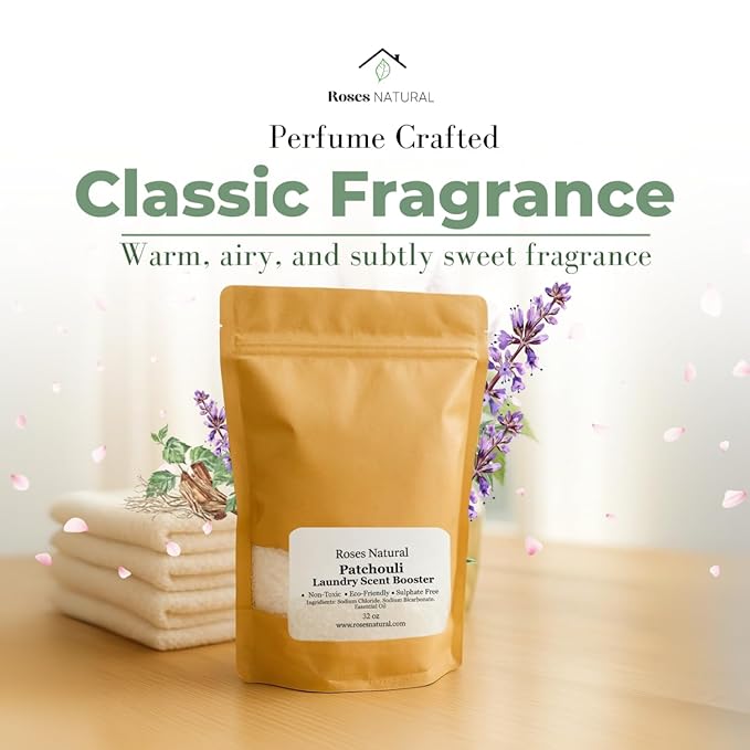 Patchouli In-Wash Laundry Scent Booster 16 oz by Roses Natural – Long-Lasting Musky Fragrance Beads, Plant-Based & Non-Toxic Laundry Freshener, Fabric-Safe