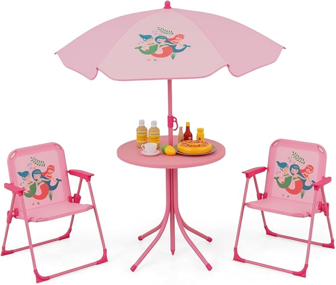 Costzon Kids Picnic Table, Kids Outdoor Table with 2 Folding Chairs, Height Adjustable Umbrella, Portable Children Outdoor...