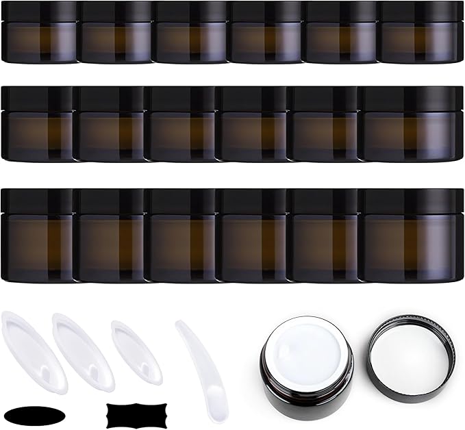 192Pcs 30g 50g 60g Amber Glass Jars Assortment Kit with Inner Liners and Black Lids, Spoons and blank labels for Storing Lip and Body Scrub, Lotion, Body Butter, Bath Salts