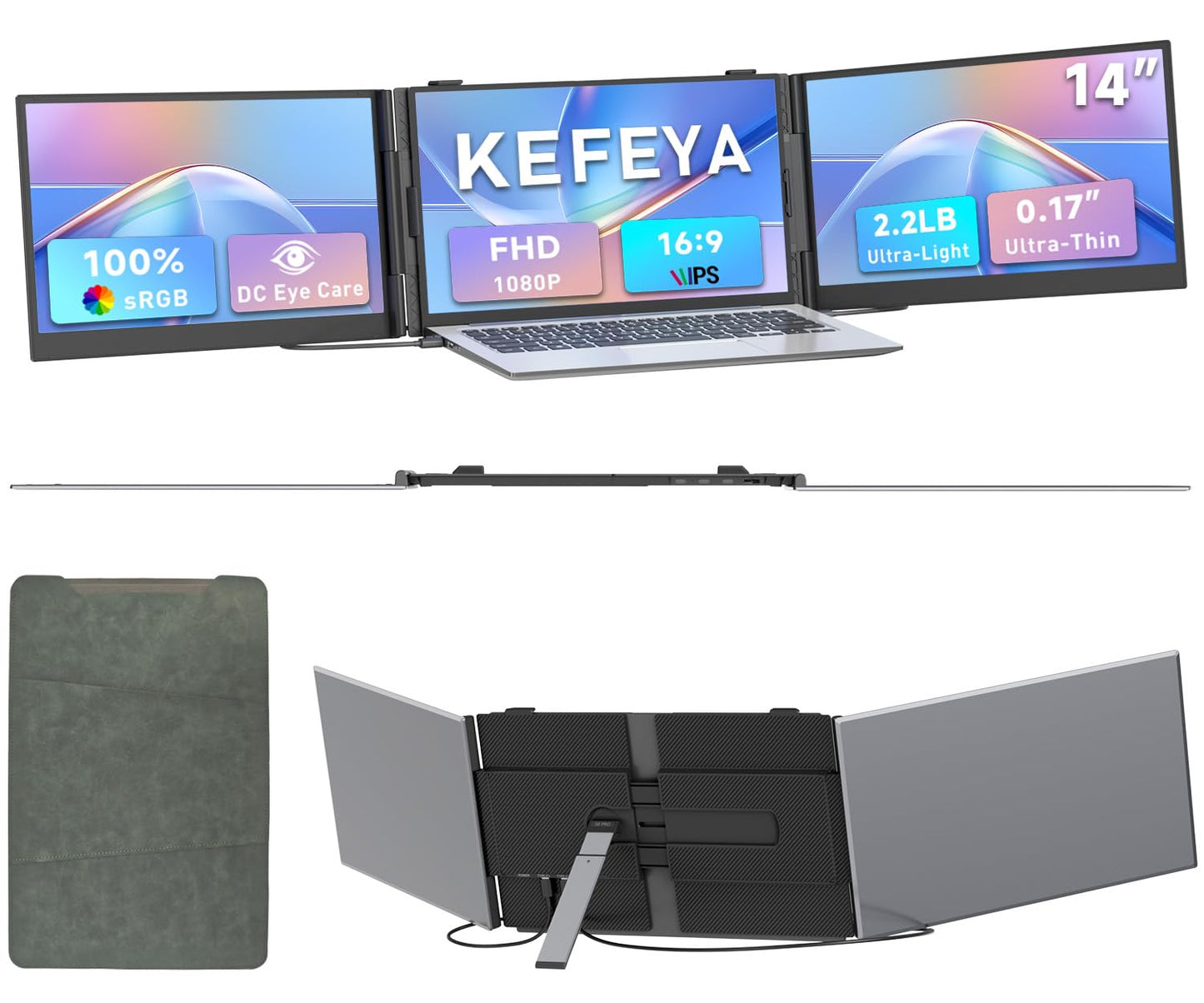 Triple Laptop Screen Extender 0.17 Ultra-Thin, 14 1080P FHD Portable Monitor for Laptops 13-17.3, Laptop Monitor Extender 2.2 LB