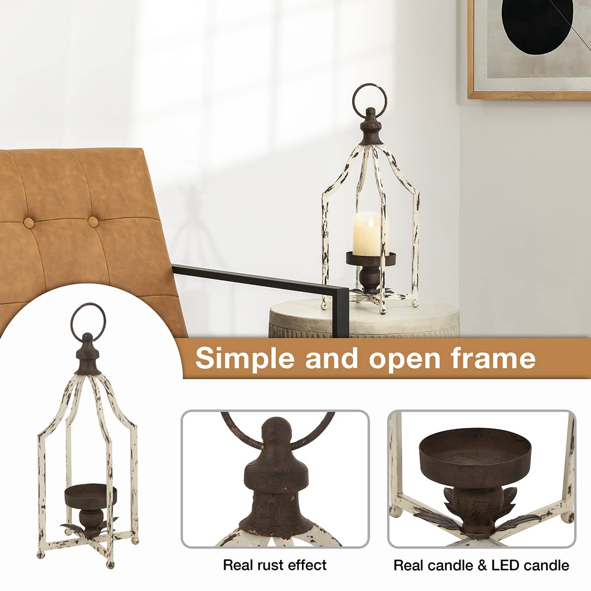 Glitzhome Farmhouse White Metal Lanterns Decorative Hanging Candle Lanterns (White Small)