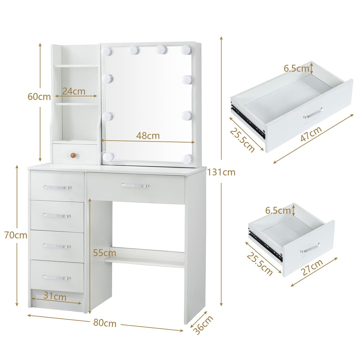 onesaimei Makeup Vanity with Mirror and Lights, Vanity Desk with 5 Drawers & Multiple Shelves, Vanity Table with Cushioned Stool for Bedroom & Makeup Room, White