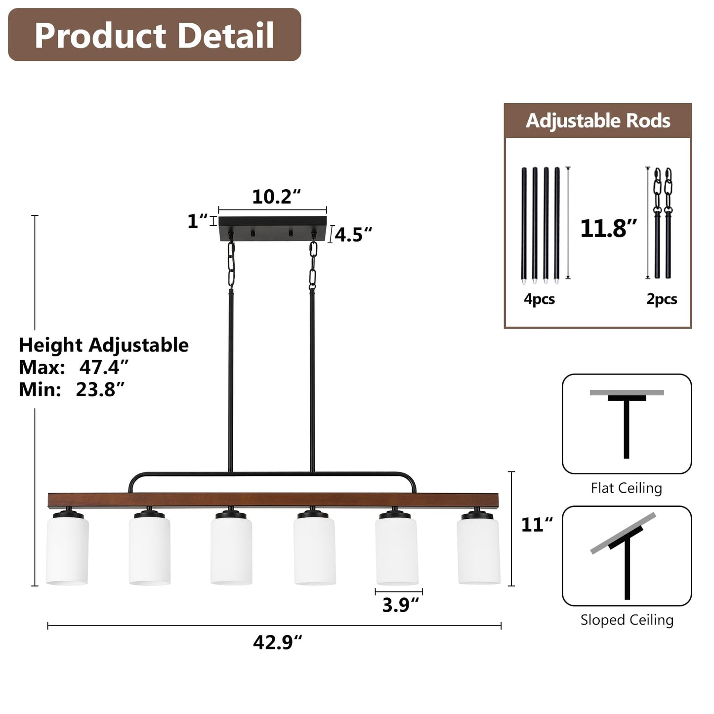 Farmhouse Dining Room Light Fixture Over Table, Black 6-Light Wood Kitchen Island Lighting with Milk White Glass, Industrial Linear Chandelier Pendant Lights