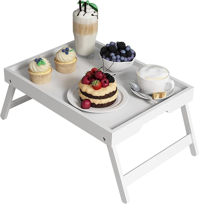 Youpehom Bed Tray Table with Folding Legs,Bamboo Breakfast in Bed for TV Table,Tray,Eating,Snack Tray,Laptop Computer (White, Large)