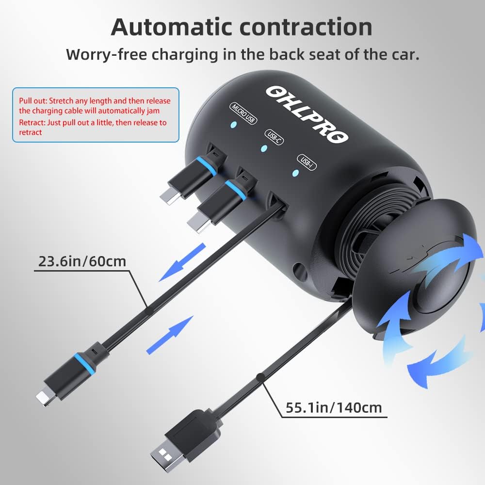Ohlpro 3-In-1 Retractable Backseat Car Charging Station, 36W Fast Car Charger For All Phones (Iphone, Samsung), Ideal For Lyft,