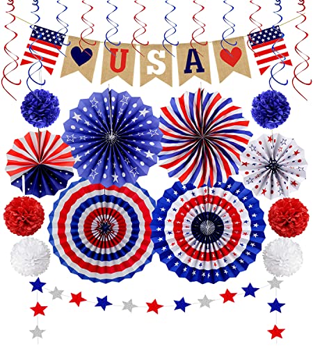 26Pcs Patriotic Decorations 4th of July Decorations LOVE USA Banner Red White Blue Paper Fans Star Streamer Pom Poms Hangi...