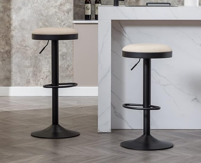 EALSON Modern Swivel Bar Stools Set of 3 Adjustable Counter Height Backless Barstools with Metal Base Leather Upholstered Round Bar Stool Chairs for Kitchen Island/Pub/Breakfast Bar, Beige