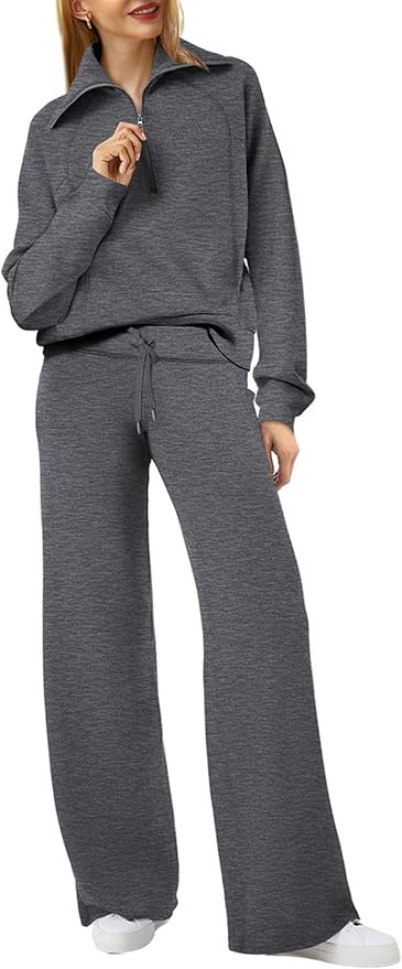 XIEERDUO Lounge Sets For Women 2025 Half Zip Sweatshirt And Wide Leg Sweatpant 2 Piece Outfits Sweatsuit Tracksuit