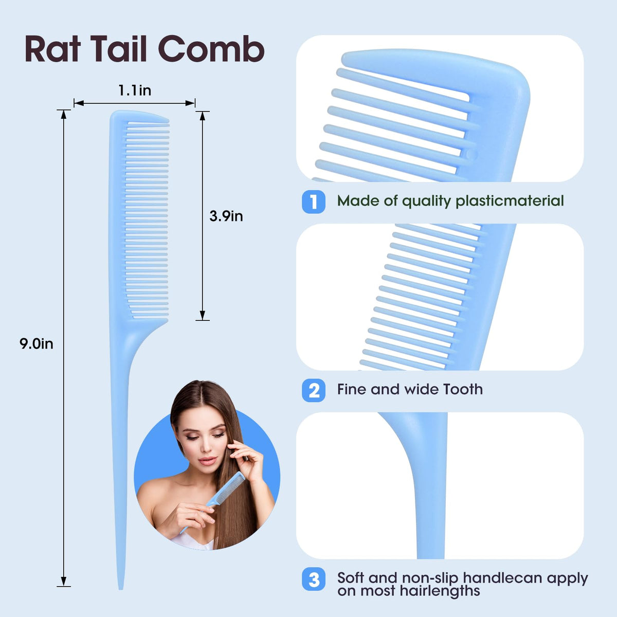 Rat Tail Comb Set-3Pcs Rat Tail Hair Teasing Fine Tooth Combs for Women Girls, Parting &Hair Styling Tools(Black Pink Blue)