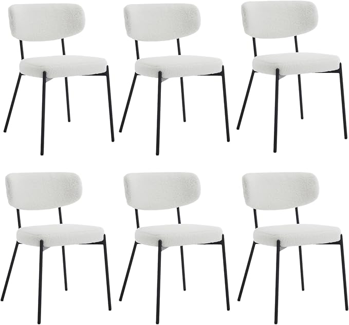 KCC Boucle Dining Chairs Set of 6, Modern Mid-Century Upholstered Stylish Kitchen Chairs Sherpa Accent Diner Chairs with Metal Legs and Curved Back for Kitchen, Dining Room(White)